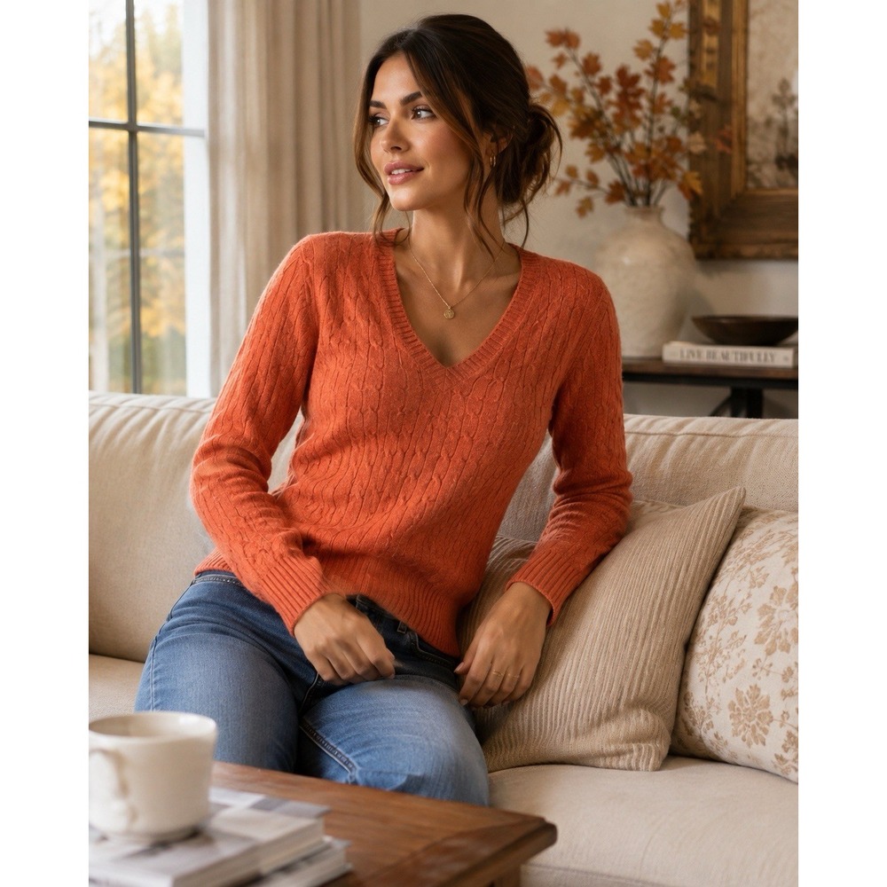 NWT Genova 100% Pure Cashmere Sweater Womens S Orange Cable Knit V Neck